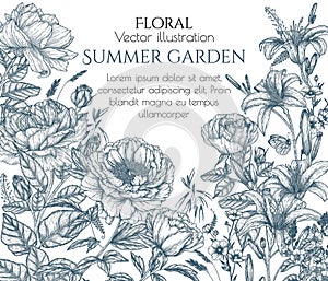 Vector illustration of a summer garden in engraving style